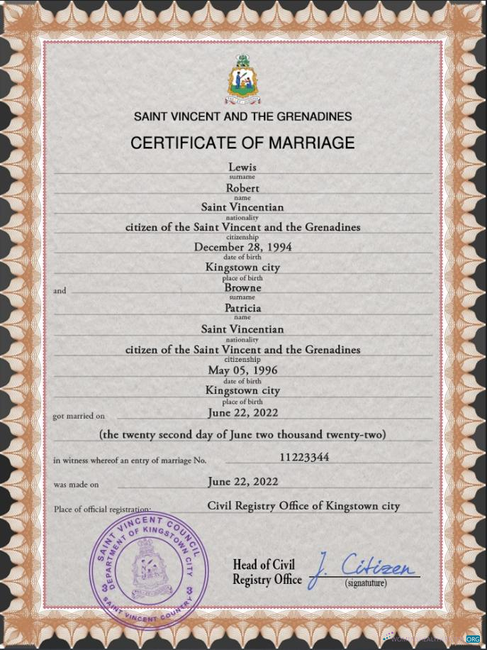 Download Saint Vincent and the Grenadines marriage certificate Photoshop template